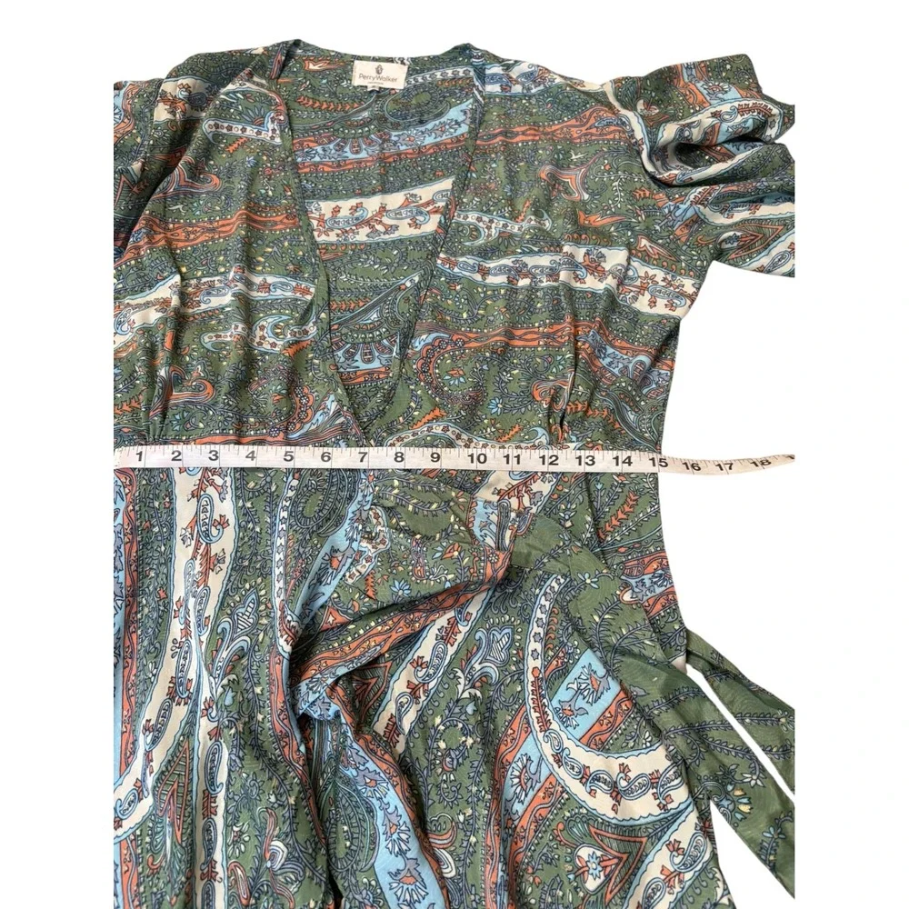 Perry Walker Silk Blend Paisley Print Wrap Maxi Ruffle Dress M Boho Coastal